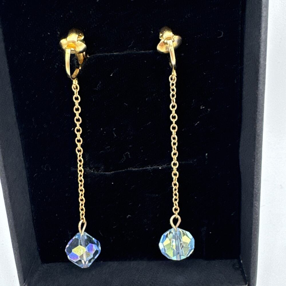 Vintage Mid-Century Aurora Borealis Crystal Drop Dangle Earrings - Gold Tone - Picture 2 of 6